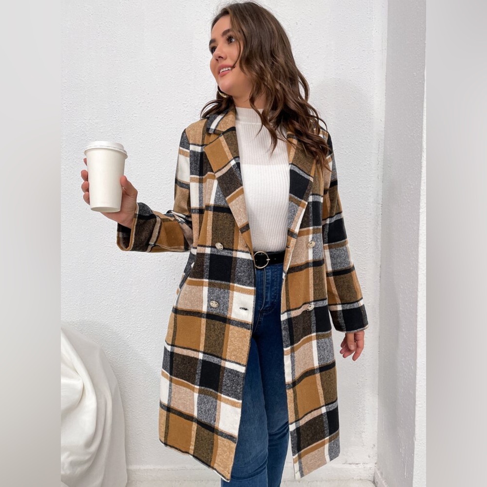 SHEIN Curve Plus Size 4X Plaid Double Breasted Lapel Collar Overcoat Peacoat